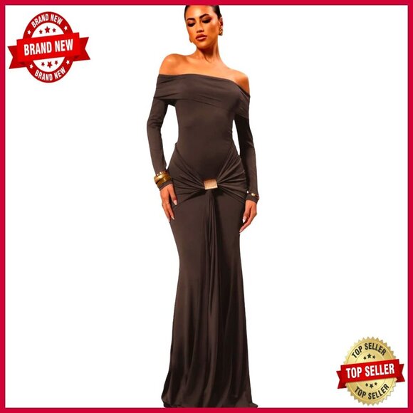 Dresses & Skirts - Off Shoulder Long Sleeve Maxi Dress Ruched Bodycon Party Cocktail Elegant